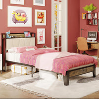 LIKIMIO Twin XL/Full/Queen/CaliforniaKing Bed Frames, Storage Headboard with Charging Station, No Box Spring Needed