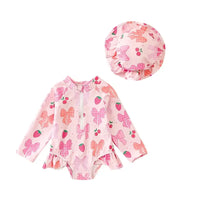 Baby Girls  Swimsuit with Sun Hat Set Floral Print Ruffle Sleeve Zip Up Rash Guard Swimwear Beachwear for Toddler Girls