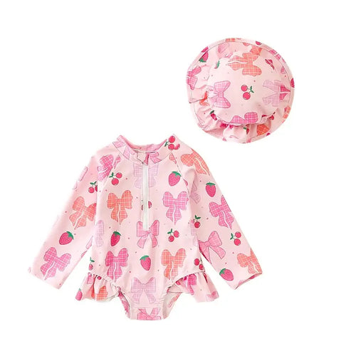 Baby Girls  Swimsuit with Sun Hat Set Floral Print Ruffle Sleeve Zip Up Rash Guard Swimwear Beachwear for Toddler Girls