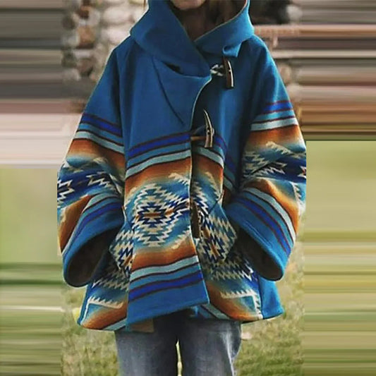 Vintage Ethnic Style Print Women Loose Hoodies Autumn Warm Turtleneck Long Sleeve Horn Buckle Woolen Coats Plus Size Outwears