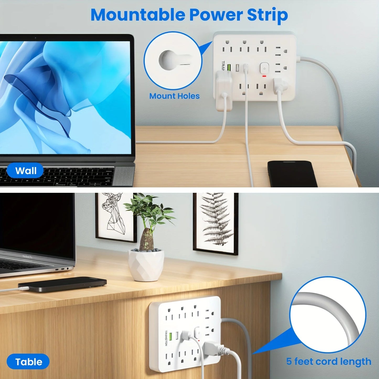 TRANSTON   Power strip with Surge Protector, 9 power strip   3 USB Ports,5ft Extension Cord, Quick Charge, For Home and Off