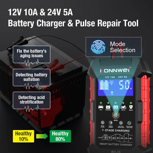 KONNWEI RC-10 12V 10 A  24V 5A Car Battery Charger Full Automatic Fast Charging Pulse Repair Battery Charger Lead Acid AGM Gel