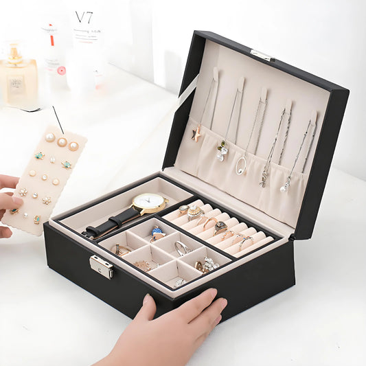 Double-Layer Wooden Jewelry Box with PU Leather Ring Box Jewelry Storage Organizer And Makeup Case Packaging