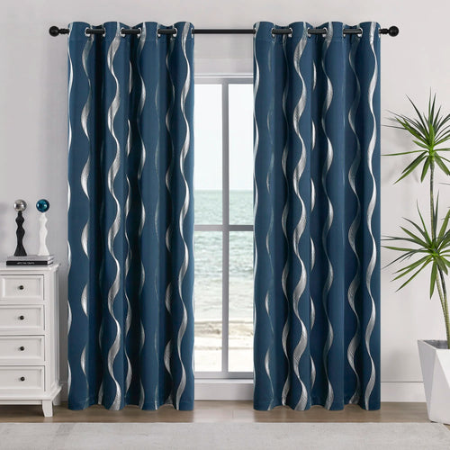 4Pcs Blackout Curtains Grommet Thermal Insulated Room Darkening  With Wave Foil Printed For Bedroom