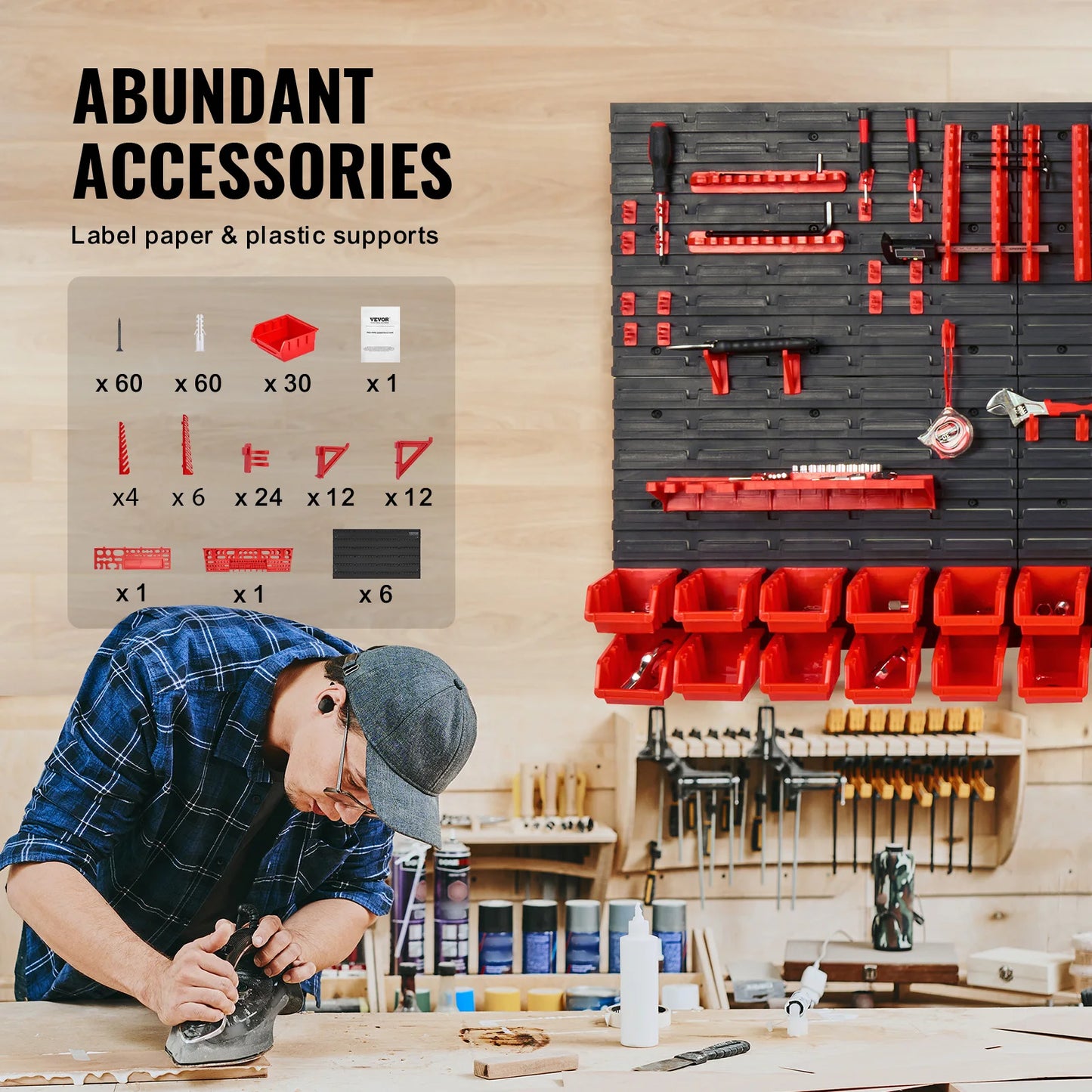 VEVOR Wall Mounted Storage Bins 30/48-Bin Parts Rack Organizer Garage with Wall Panels Hooks Plastic Shop Tool for Screw Nails
