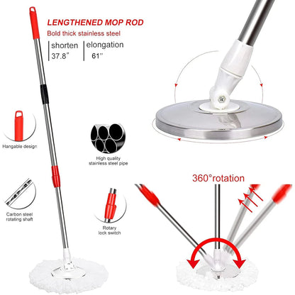 360° Spin Mop Bucket Sets with Wring System in 3 Microfiber Heads, Stainless Steel Basket 61" Extended Handle Floor Cleaning