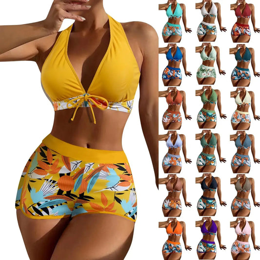 Shorts Bikinis Set  High Waist Swimsuit Women Swimwear 2 Pieces Plant Print Bathers Bathing Swim Suit Beachwear