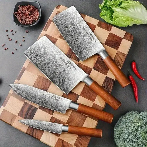 Set of four Japanese kitchen knives on a wooden cutting board, showcasing sharp stainless steel blades and wooden handles.