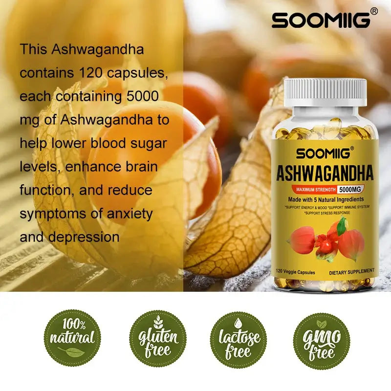 Soomiig Ashwagandha extract bottle with 120 capsules for energy, mood support, and immune health.