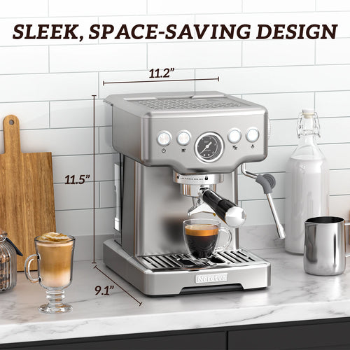 Neretva 15 Bar Espresso Machine with Milk Frother Steam Wand for Cappuccino, Latte, Macchiato, 1450W Professional Coffee Machine