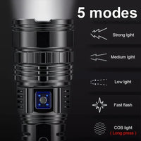 High Power LED Flashlight Super Bright LED Spotlight Long Range Torch Emergency Outdoor With 5 Lighting Modes Zoomable