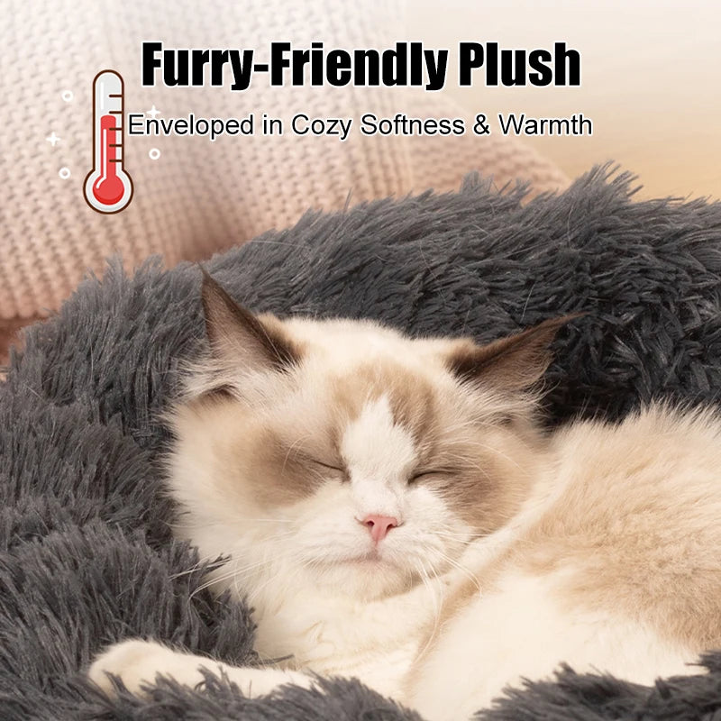 50-100cm Calming Donut Bed For Dog and Cat，Super Soft Plush Pet Cat Beds, Cute Fluffy Round Pet Bed Non-Slip Washable