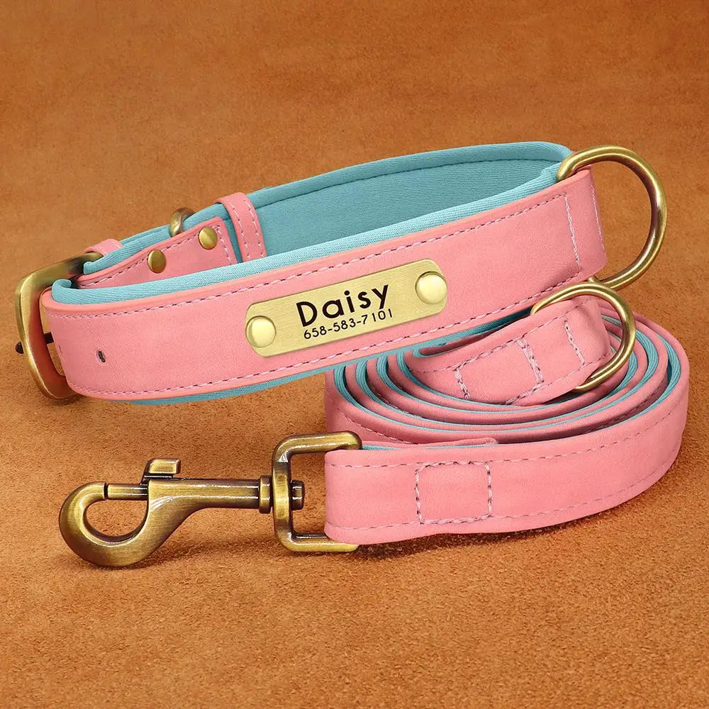 PU Leather Dog Collar and Leash Set Soft Durable Plain Leather Dogs Collars 5ft Lead Adjustable for Small Medium Dogs Pug