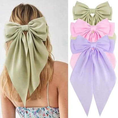 Hair Bows for Women Girls 3Pcs White Pink Black Silky Satin Large Bows Hair Clip Oversized Hair Ribbons Long Tail Big Hair Bows