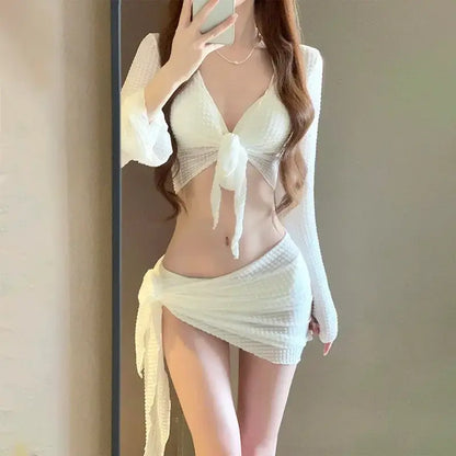 exy Bikinis Sets Women White Swimsuit Beach Wear Long Sleeve Swimsuit Cover Ups for Swimwear Women Swimming Pool Party Bikinis