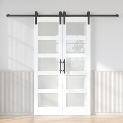 Double Glass Barn Door with Sliding Hardware Kit, 5-Panel Frosted Glass, Waterproof Surface, Ideal for Home or Office Use