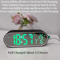 Rechargeable Digital Alarm Clock TEMP Date Week 2 Alarms Night Mode Snooze 12/24H Anti-disturb Voice Control LED Mirror Clock