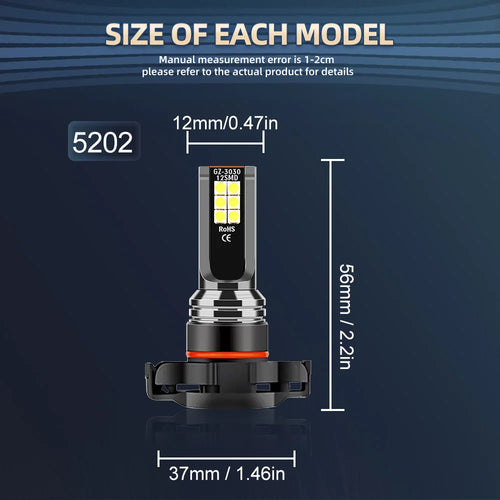 H11 9005/HB3 9006/HB4 5202 Bulbs 30000LM High Power Lamps 6000K White +600% Brightness LED Zero Dark Spot IP68 Waterproof 2pcs