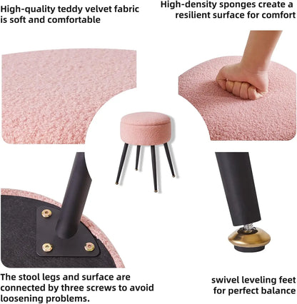 Vanity Stool, Pink Vanity Chair with Storage, Foot Stools Ottoman Small, Soft Faux Teddy Fur Stool with 4 Metal Legs