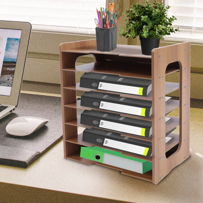 7-tier Widen Wood Paper Desktop Organizer File Holder Document Book Magazine Storage Shelf Rack for Home Office School Classroom