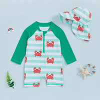 Children s Boys Long Sleeve Swimwear Set with Crab and Stripe Print Zipper Rash Guard Swimsuit Matching Hat Beachwear