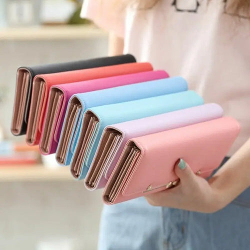 Women Student Cute Bowknot PU Leather Wallet Trifold Large Capacity Card Holder Money Purse Long Phone Handbag