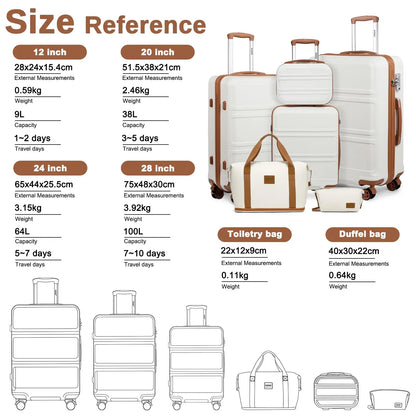Kono 6-Piece Luggage Set, Lightweight ABS Hard Shell with TSA Lock, 20" 24" 28" Suitcases, Beauty Case, Duffel & Toiletry