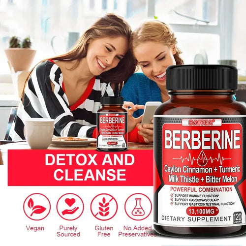 Berberine dietary supplement bottle with women discussing health benefits, promoting detox and cleanse.
