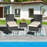 5PCS Patio Rattan Furniture Set Cushioned Sofa Ottoman Armrest Side Table Garden