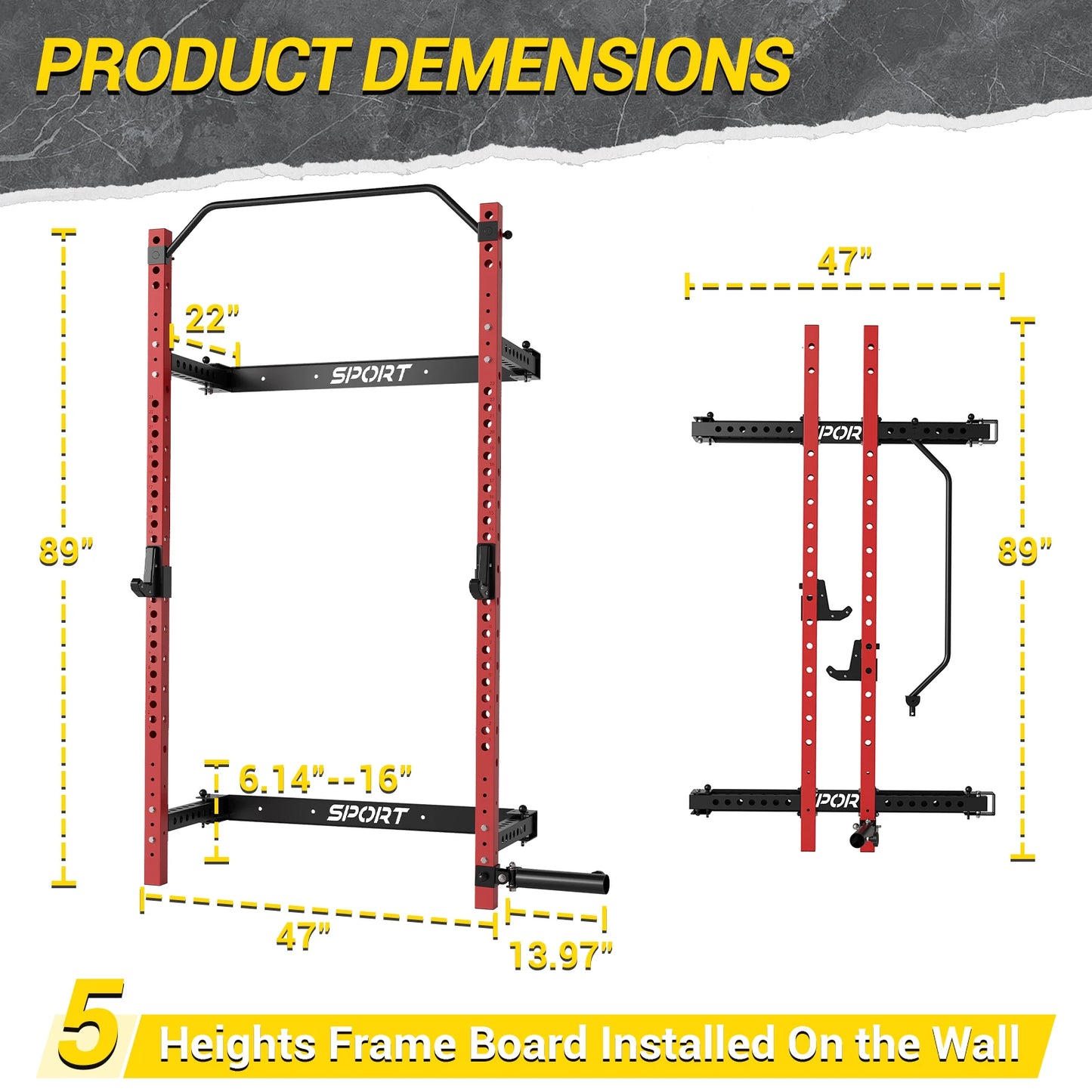Folding Squat Rack for Home Gym, Folding Power Rack with Pull Up Bar, J Hooks and Landmine Attachments, 1000 LBS Wall Mounted