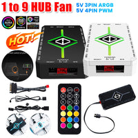 1 To 9 3 in 1 5V 3 Pin ARGB Controller Cooling Fan Hub w/ Remote 4 Pin PWM Magnetic Suction Hub SATA Powered for PC Case