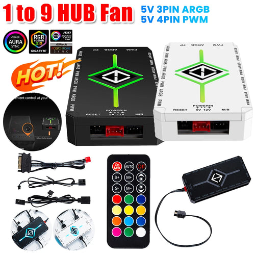 1 To 9 3 in 1 5V 3 Pin ARGB Controller Cooling Fan Hub w/ Remote 4 Pin PWM Magnetic Suction Hub SATA Powered for PC Case