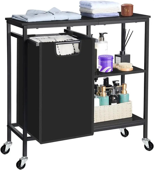 Pull-Out Laundry Basket with Shelf and  three Shelf,Laundry Basket Organizer Section with Removable Laundry Bags for clothes