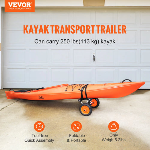 VEVOR Kayak Cart 250lbs Foldable Canoe Trolley Cart with 10'' Tires Support Foot for Paddleboards Float Mats Jon Boats
