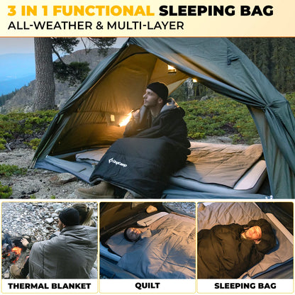 KingCamp 3-in-1 Envelope Hooded Sleeping Bag, Detachable And Flexible Double Blanket, Sleeping Bag For All Season Camping Hiking