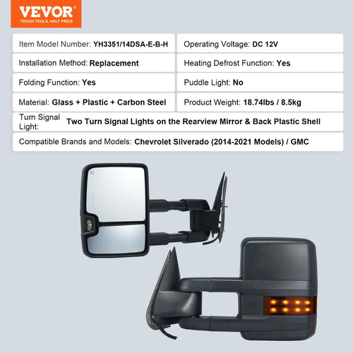 VEVOR Pair Towing Mirrors Power Heated with Signal LED Driving Light Tow Mirror for Chevrolet Silverado (2003-2021)/GMC/Cadillac