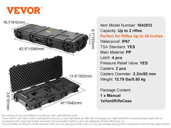VEVOR Rifle Hard Case Portable Long Gun Storage Hard Suitcase W/ 2 Casters Shockproof & Waterproof Airsoft Rifle Protective Case