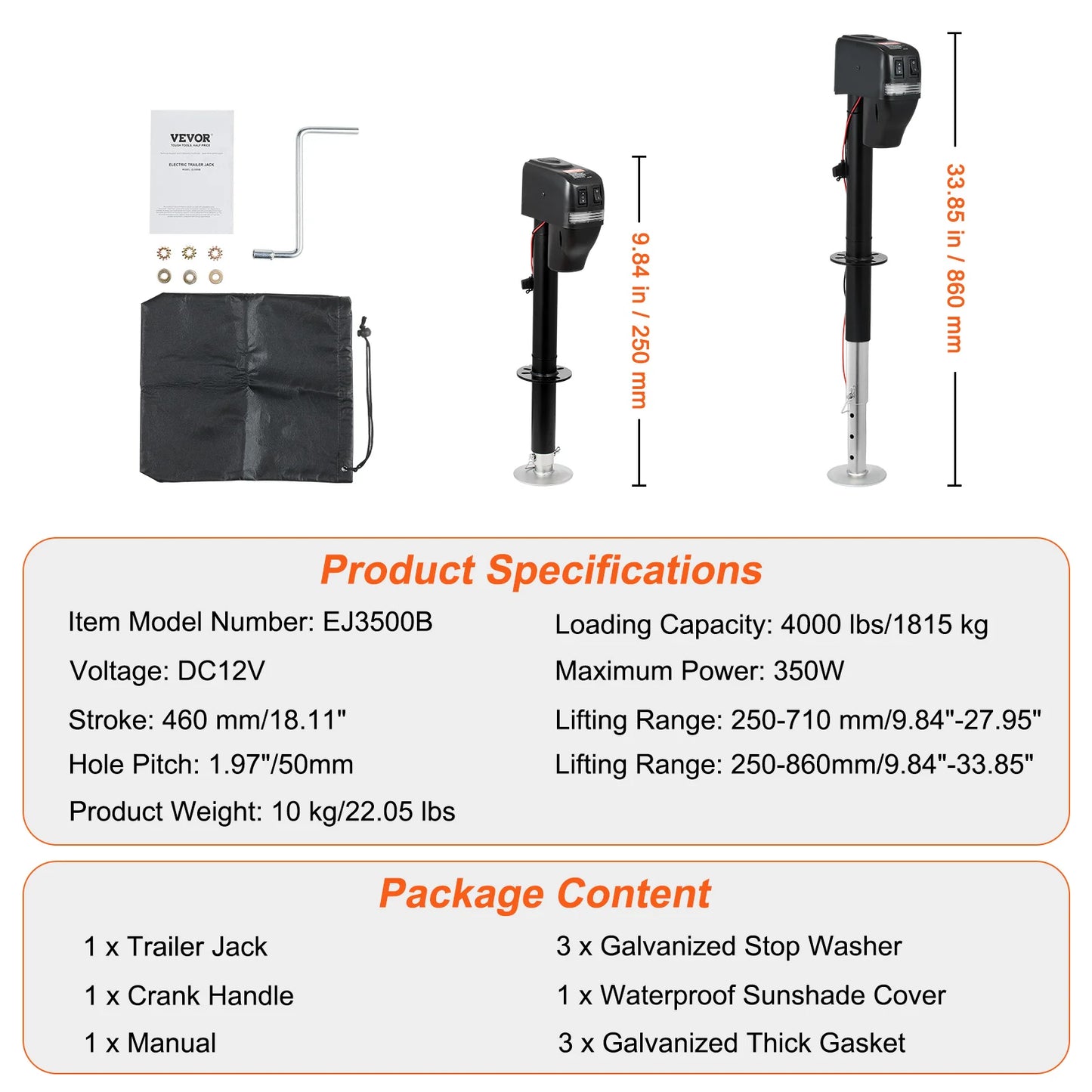 VEVOR 3500/4000lbs Electric Trailer Jack Automotive Mechanical Workshop Tools Power Tongue Car Jack for BMW Tesla RV Camper