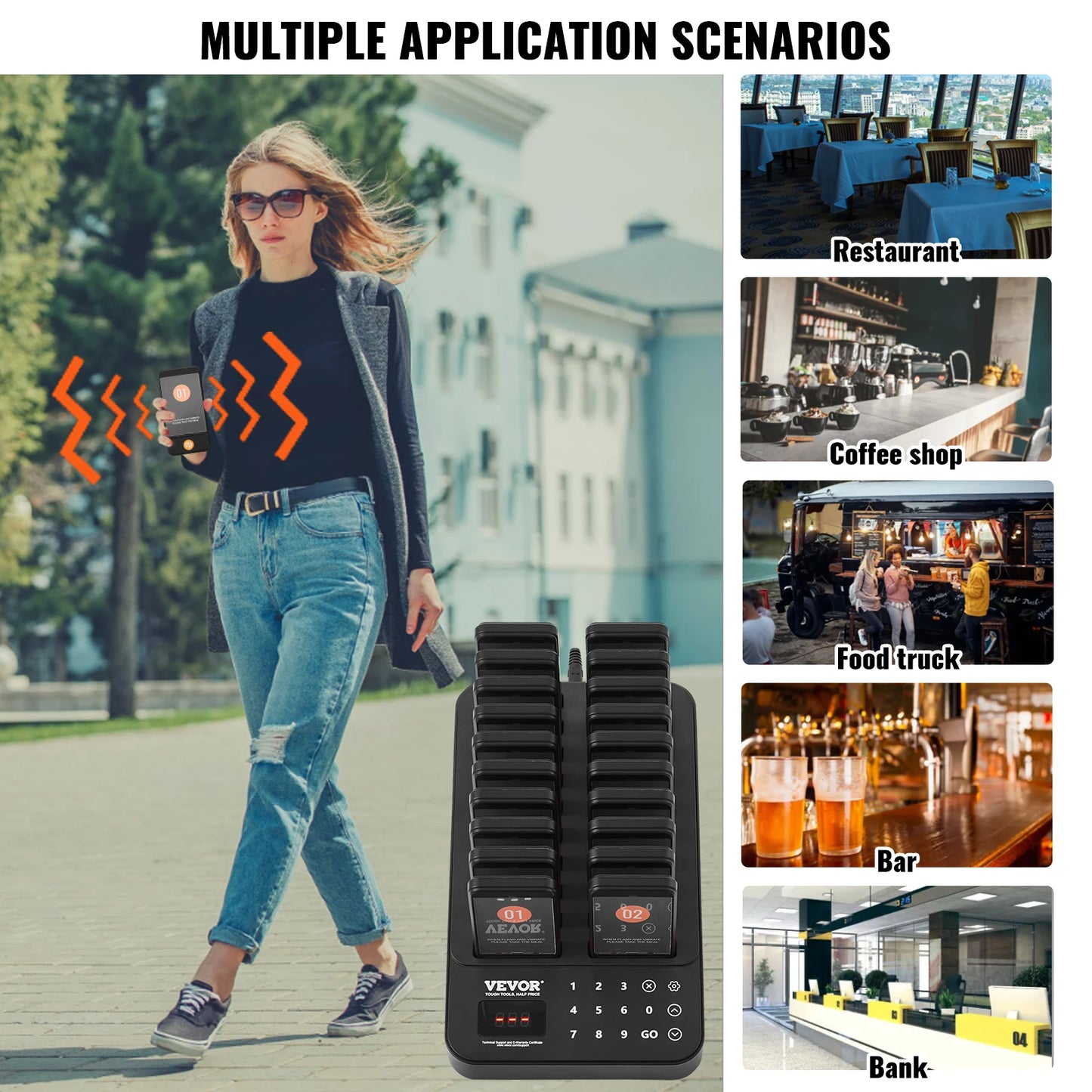 VEVOR 20 Buzzers Restaurant Pager System Wireless Range Waiting Pager Signal Customer Calling Beeper with Vibration Flashing
