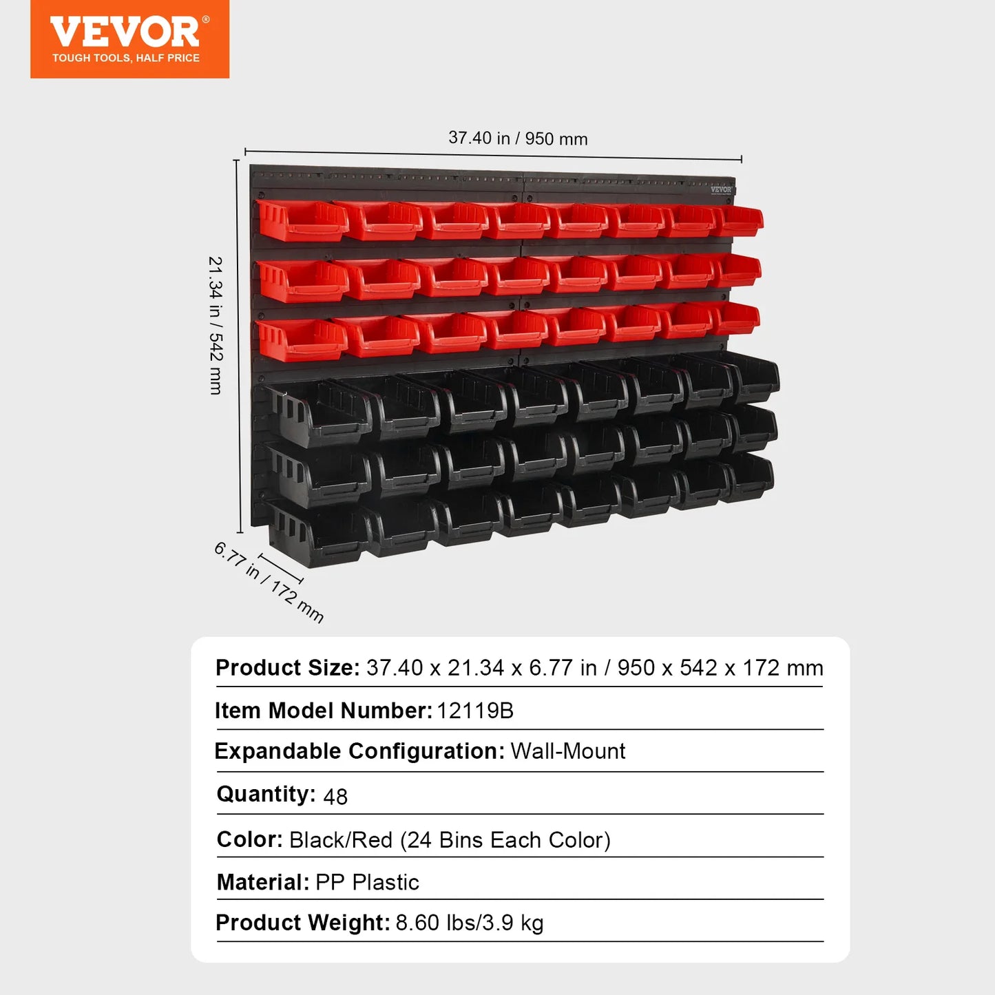 VEVOR Wall Mounted Storage Bins 30/48-Bin Parts Rack Organizer Garage with Wall Panels Hooks Plastic Shop Tool for Screw Nails