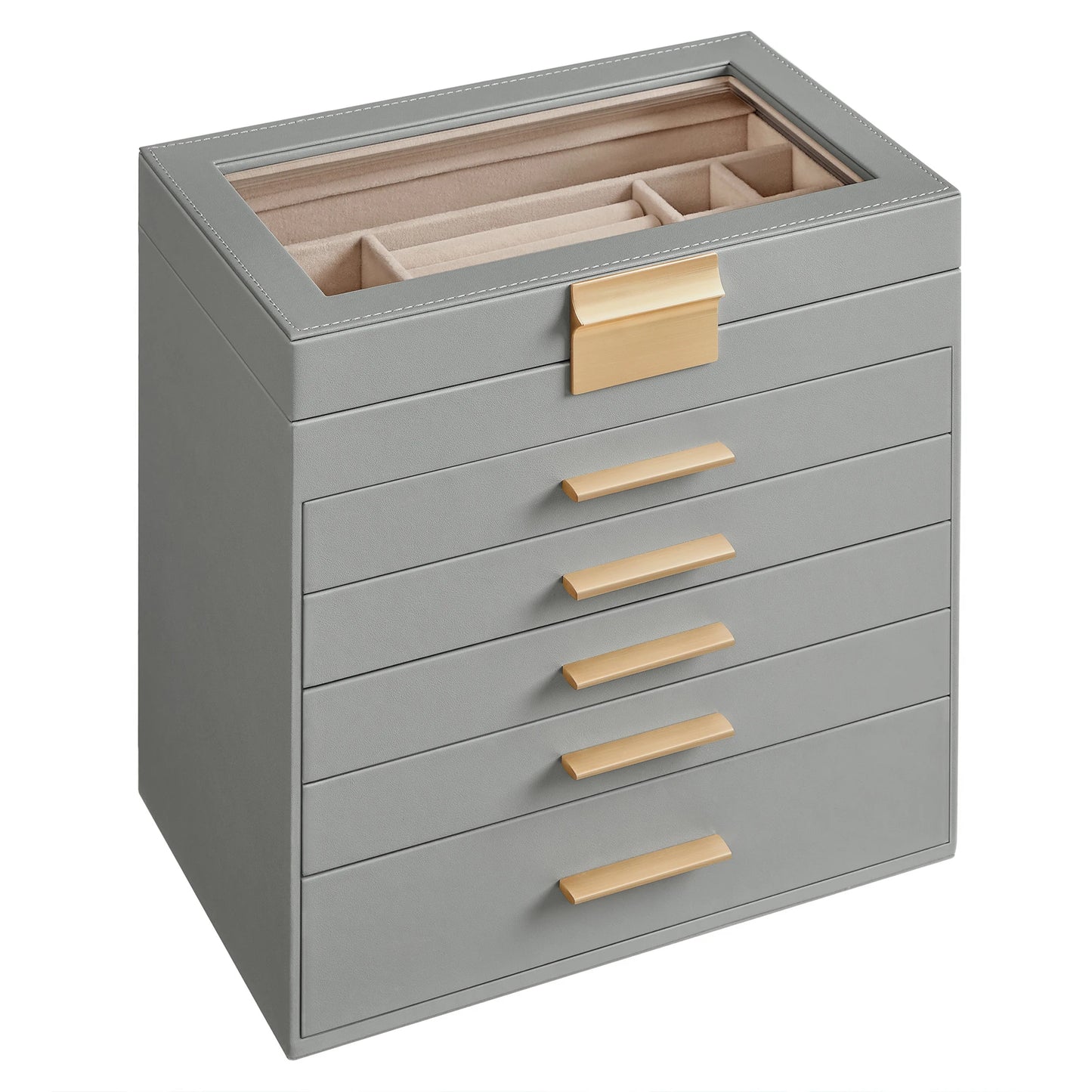 SONGMICS Jewelry Box with Glass Lid, 6-Layer Jewelry Organizer, 5 Drawers, for Sunglasses, Big Jewelry, Jewelry Storage