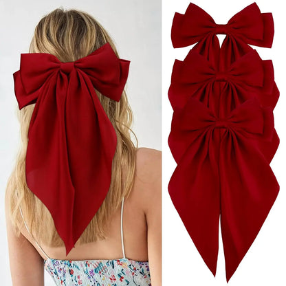 Hair Bows for Women Girls 3Pcs White Pink Black Silky Satin Large Bows Hair Clip Oversized Hair Ribbons Long Tail Big Hair Bows
