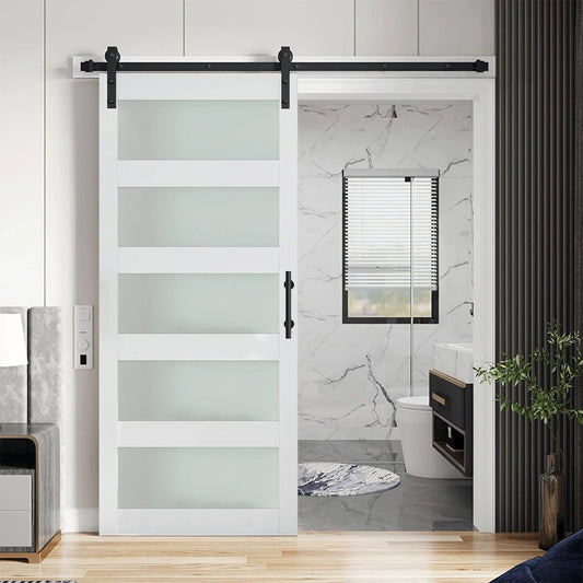 36"x84" Sliding Glass Barn Door and 6.6FT Hardware Kit Included, White Frosted Glass Barndoor with PVC Coated Surface