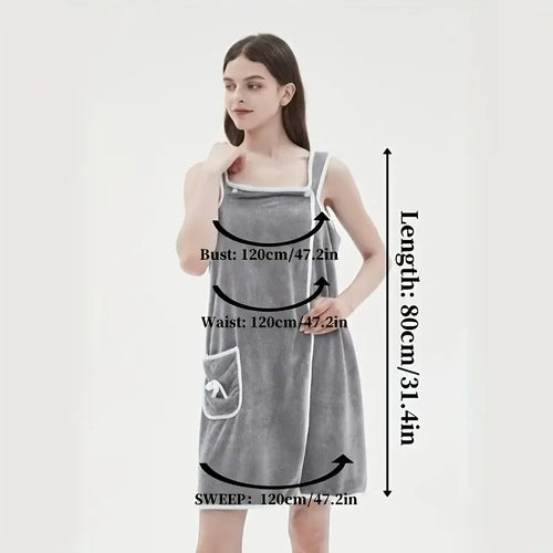 Wearable bath towel for adults showing measurements, featuring a bowknot design, made of coral velvet for quick drying.