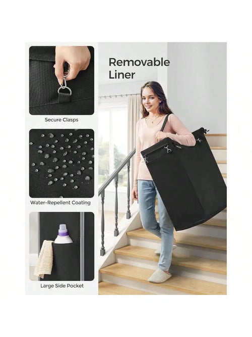 SONGMICS Laundry Basket With Wheels, Rolling Laundry Hamper, 23.8 Gallons (90L), Removable Liner, Steel Frame With Handle, Bl