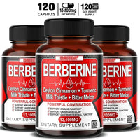 Three bottles of Berberine capsules with Ceylon Cinnamon, Turmeric, Milk Thistle, and Bitter Melon for immune and heart health.