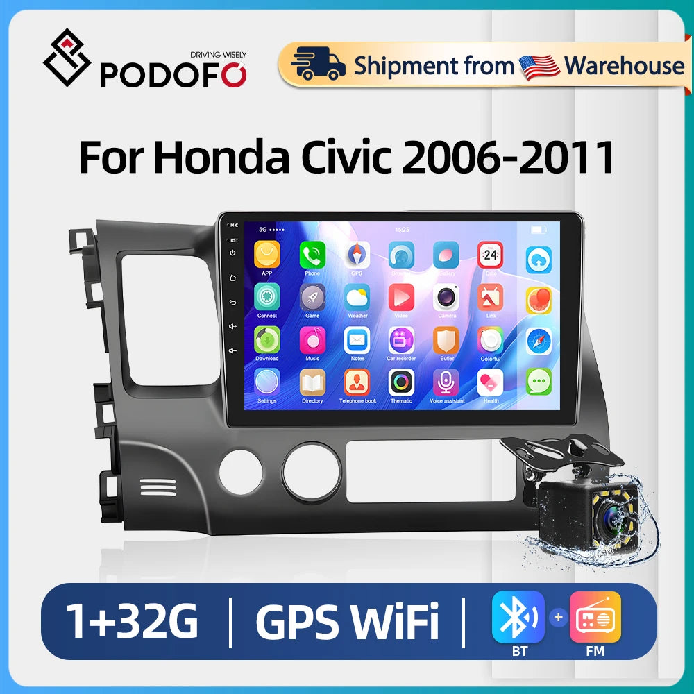 Podofo Android Car Radio For Honda Civic 2006-2011 Android Auto 2Din Multimedia Player GPS Navigation Radio No DVD Head Unit