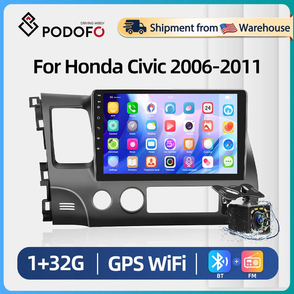 Podofo Android Car Radio For Honda Civic 2006-2011 Android Auto 2Din Multimedia Player GPS Navigation Radio No DVD Head Unit