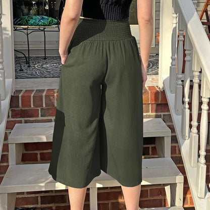 Wide Leg Cropped Pants For Women Casual Solid Color Elastic High Waist Trousers Cotton Linen Loose Drawstring With Pockets Pants