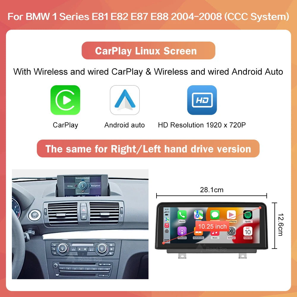 Road Top Wireless CarPlay Android Auto Car Multimedia player For BMW 1 Series E81 E82 E87 E88 Head Unit Screen Display monitor